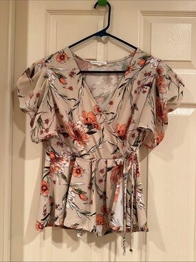 PerSeption Concept Beige Floral Wrap Top with Orange Flowers